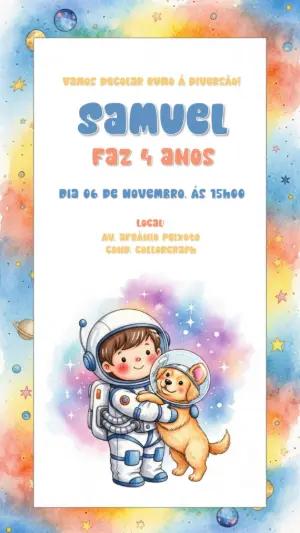 Convite de Aniversário Astronauta com Pet para Editar Online