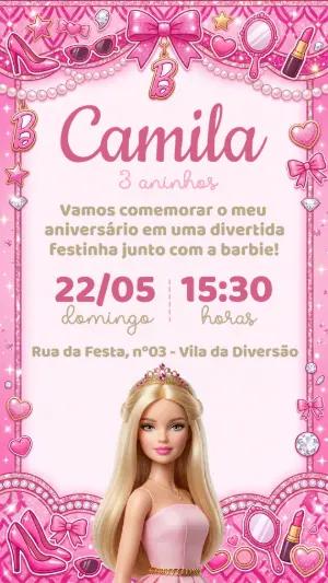 Convite de Aniversário Barbie Rosa com Brilho para Editar