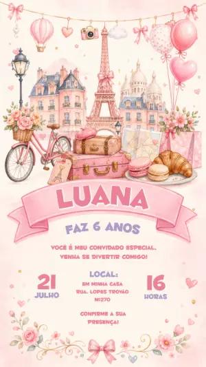 Convite de Aniversário Paris Aquarela Rosa Editável