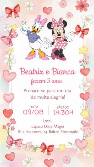 Convite Aniversário Duplo Minnie e Margarida para Editar
