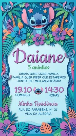Convite de Aniversário Stitch Tropical Editável