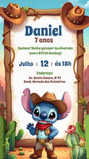 Convite Aniversário Stitch Cowboy para Editar Online