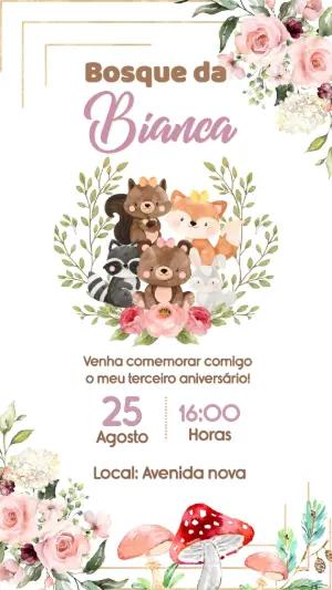 Convite de Aniversário Bosque Menina Aquarela Editável