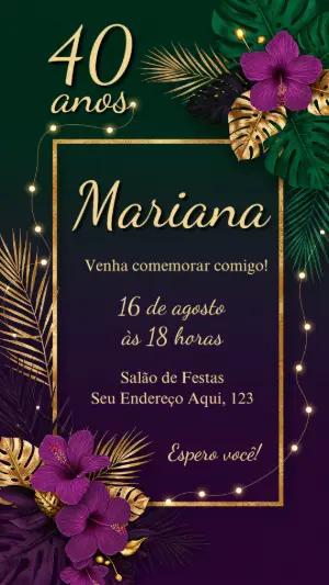 Convite Aniversário Tropical Floral Dourado para Editar Online