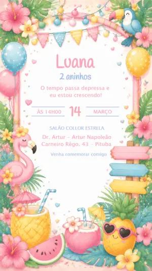 Convite Aniversário Tropical Flamingo Aquarela Editável