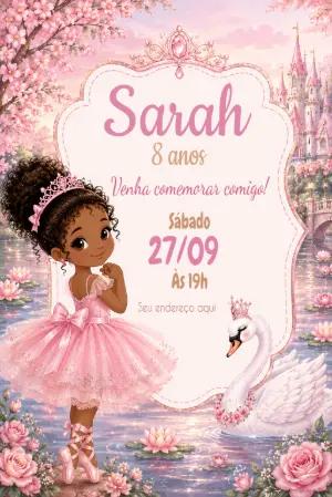 Convite Aniversário Princesa Bailarina Negra Editável