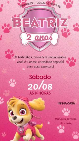 Convite de Aniversário Patrulha Canina Skye Rosa Editável