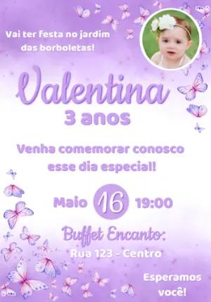 Convite Aniversário Jardim das Borboletas Lilás com Foto Editável