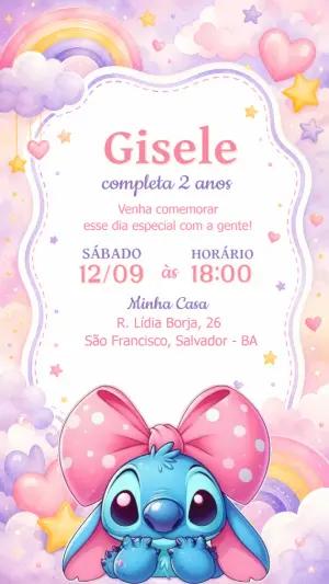 Convite de Aniversário Stitch Rosa Editável Tema Aquarela