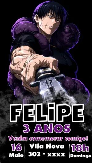 Convite de Aniversário Jujutsu Kaisen Editável com Toji Fushiguro
