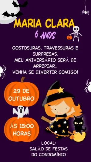 Convite de Aniversário Halloween com Bruxinha para Editar