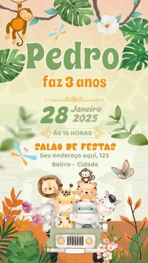 Convite Aniversário Safari com Animais para Editar Online