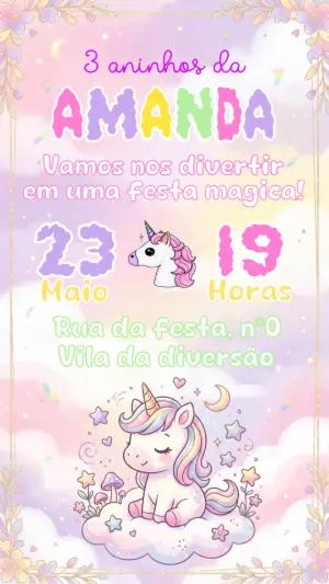 Convite de Aniversário Unicórnio Fofo em Tons Pastéis Editável