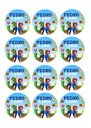 Adesivo Redondo Aniversário Mario e Luigi para Editar