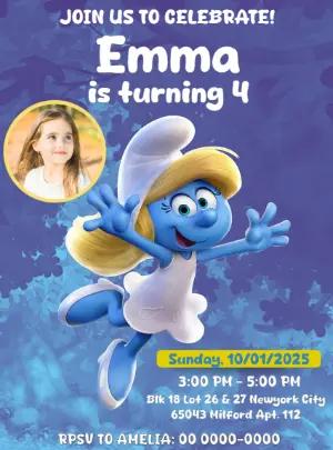 Smurfette Birthday Invitation | Editable Blue Cartoon Template