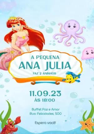 Convite Aniversário Pequena Sereia Ariel para Editar Online