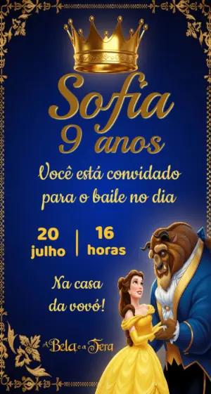 Convite de Aniversário A Bela e a Fera Azul e Dourado Editável