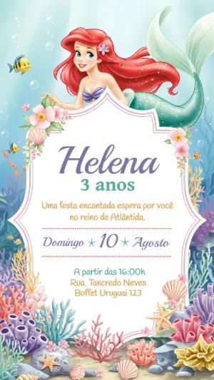 Convite Aniversário Pequena Sereia com Ariel para Editar Online