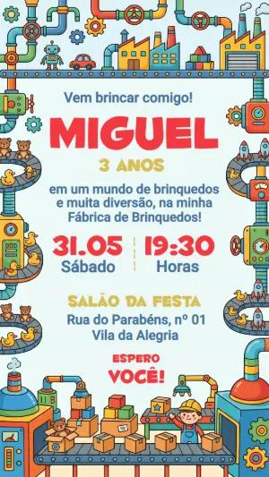 Convite de Aniversário Fábrica de Brinquedos Colorido Editável