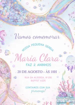 Convite de Aniversário Sereia Aquarela com Glitter Editável