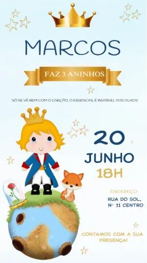 Convite de Aniversário Pequeno Príncipe Azul e Dourado Editável
