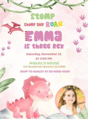Cute Pink Dinosaur Birthday Invitation Editable Template with photo