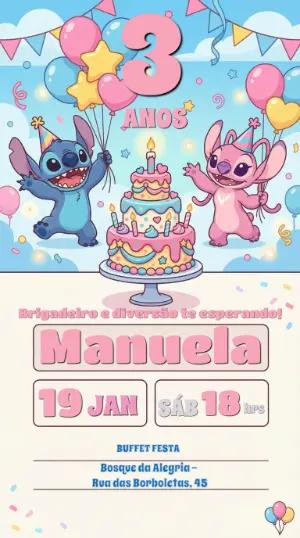 Convite de Aniversário Stitch e Angel Rosa e Azul para Editar