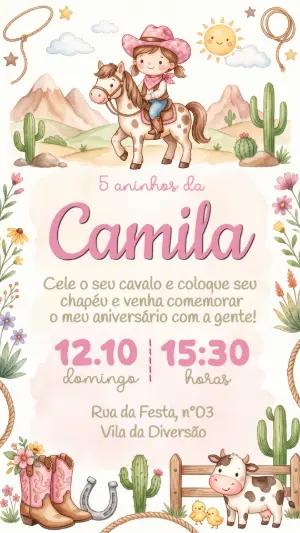 Convite de Aniversário Boiadeira Fazendinha Menina Editável