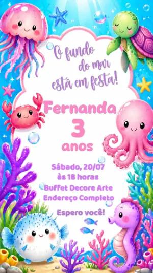 Convite de Aniversário Fundo do Mar Fofo para Editar Online