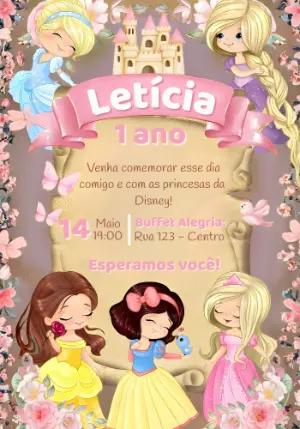 Convite de Aniversário Princesas Cute Modelo Editável