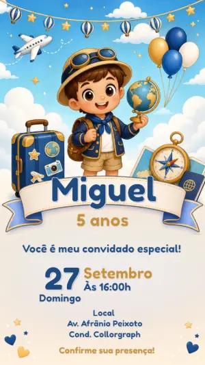 Convite de Aniversário Volta ao Mundo Editável para Menino