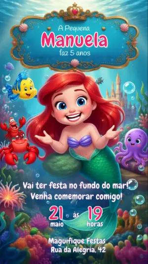 Convite Animado A Pequena Sereia: Vídeo de Aniversário Editável