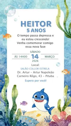 Convite Digital Infantil Tema Tubarão Fundo do Mar Editável