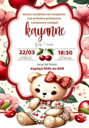 Convite Aniversário Ursinha Cereja para Editar Online