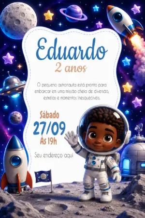 Convite de Aniversário Astronauta Fofo para Editar e Enviar