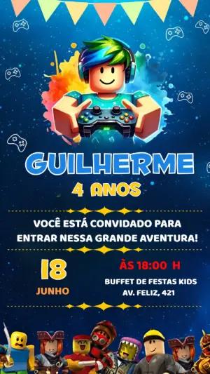 Convite de Aniversário Infantil Gamer Roblox Modelo Editável