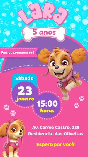 Convite de Aniversário Patrulha Canina Skye Rosa Editável