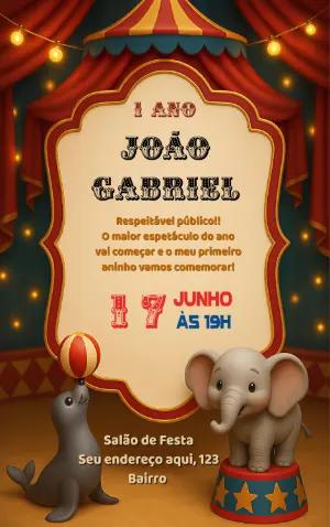 Convite de Aniversário Circo Fofo com Elefante para Editar