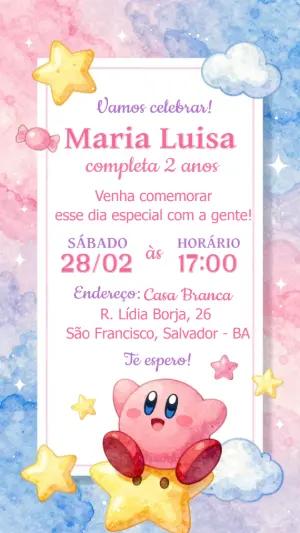 Convite de Aniversário Kirby Fofo em Tons Pastéis para Editar