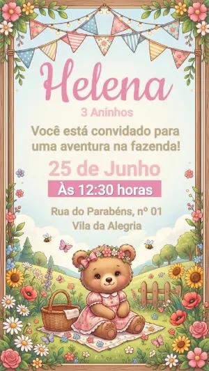 Modelo de Convite Infantil Ursinha na Fazenda Editável
