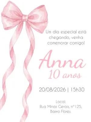 Convite de Aniversário Laço Rosa Aquarela Editável