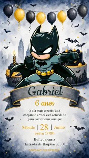 Convite de Aniversário Batman Chibi Aquarela para Editar