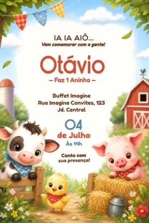Convite de Aniversário Fazendinha Fofo com Animais para Editar