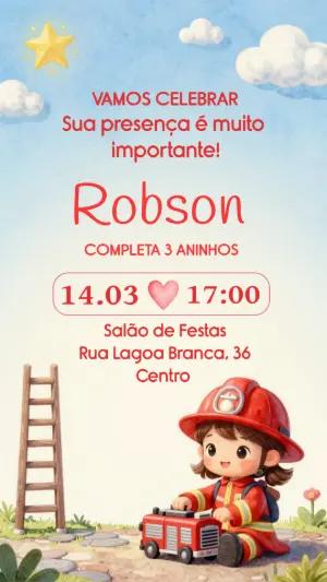 Convite de Aniversário Bombeiro Infantil Fofo para Editar