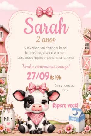 Convite de Aniversário Fazendinha Rosa com Vaquinha Editável