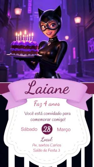Convite de Aniversário Mulher-Gato Roxo para Editar
