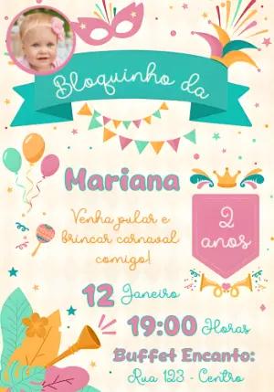 Convite de Aniversário Bloquinho de Carnaval com Foto Editável