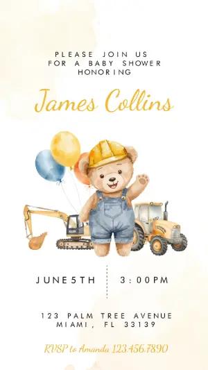 Construction Bear Baby Shower Editable Invitation Template
