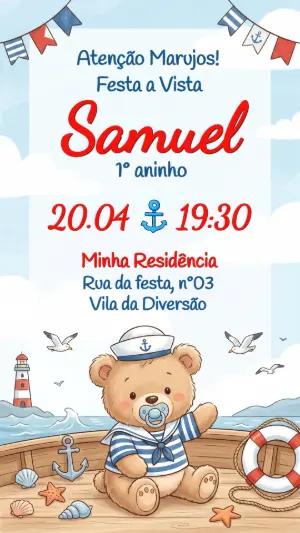 Convite de Aniversário Ursinho Marinheiro Fofo para Editar