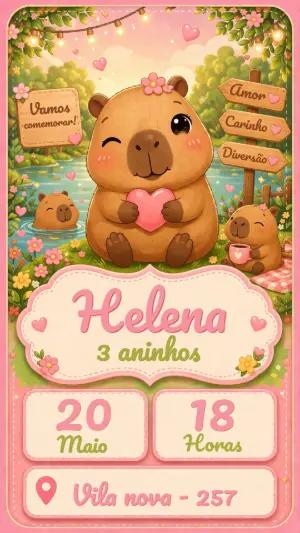 Convite de Aniversário Capivara Fofa Rosa Modelo Editável